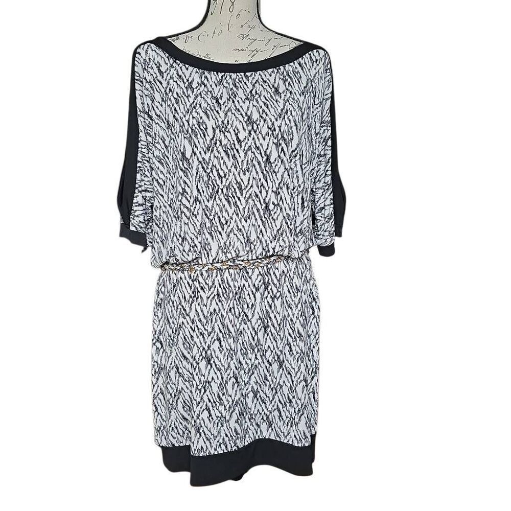 Thalia Sodi Women's Size Lg Black White Print Blouson Belted Cold Shoulder Dress